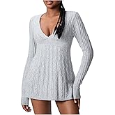 Milumia Women's V Neck Cable Knit Sweater Long Sleeve Babydoll Cozy Pullover Tops Mini Sweater Dress