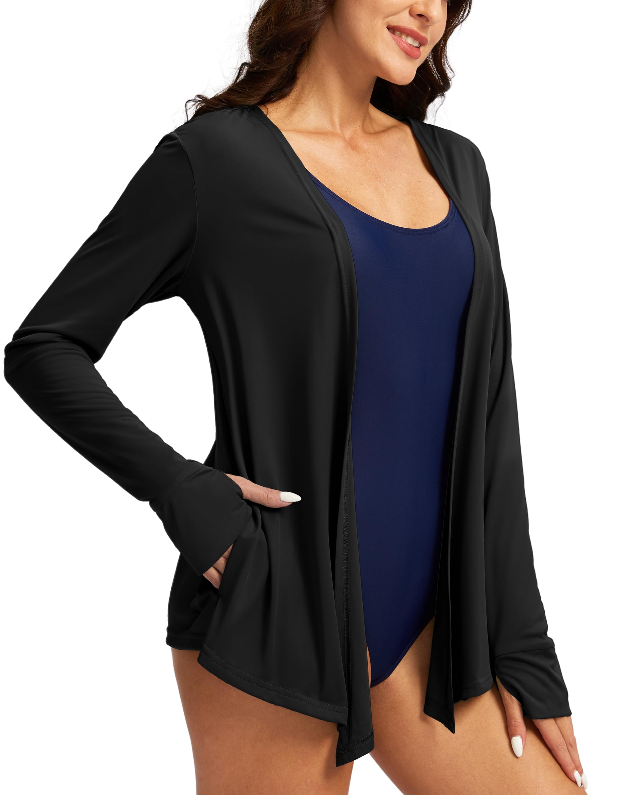 Photo 1 of Women's UPF 50+ Sun Shirt Long Sleeve UV Sun Protection Shirts Lightweight Cardigan for Women with Pockets SPF Swim Cover Up (Black,L)