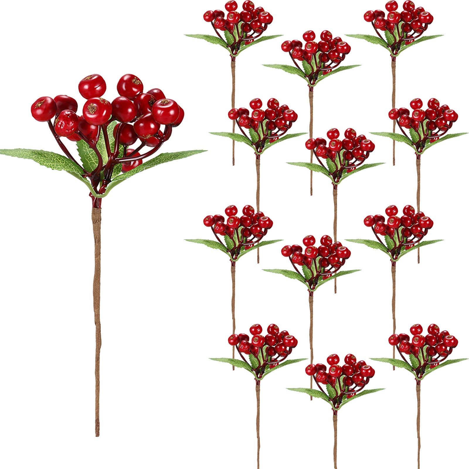 Set of 20 Christmas Artificial Holly Berries Twig Stem Artificial Flowers Winter Berries Bunch Fake Berries Bunch for Christmas Tree Decorations and DIY Craft