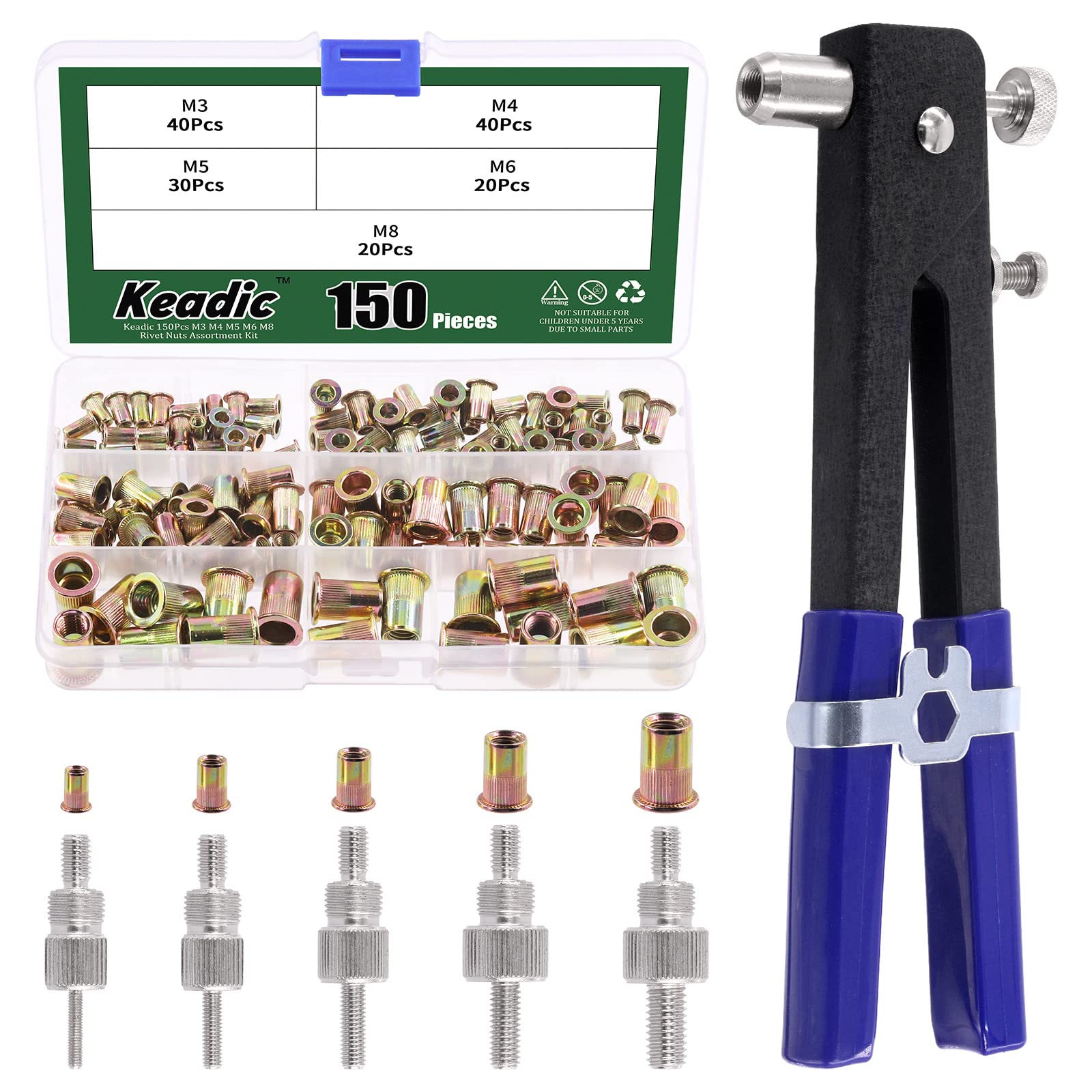 Keadic 156Pcs Heavy Duty Hand Rivet Tool Nut Setter Kit Contains Nutsert Tool with 5pc Metric Interchangeable Mandrels and 100Pcs M3/M4/M5/M6/M8 Threaded Rivnuts for Automotive Furniture
