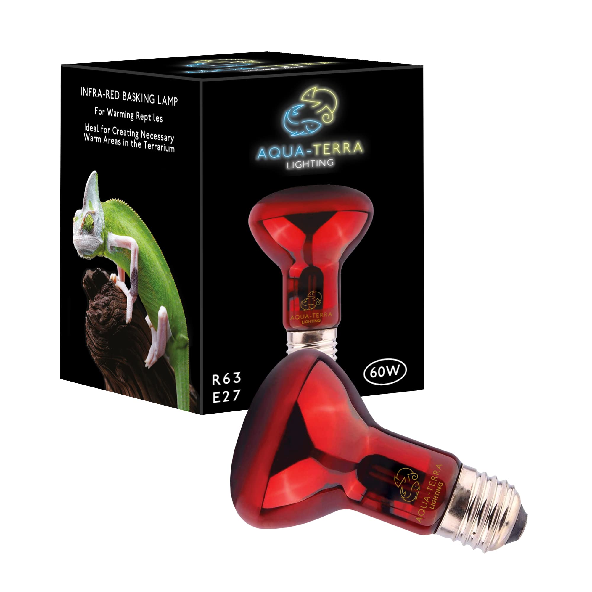 Aqua-Terra Lighting 60w Infrared Basking Heat Lamp for Reptiles, Amphibians and Invertebrates– R63 Spotlight Bulb with E27 Standard Screw Base Suitable for Vivarium Heating