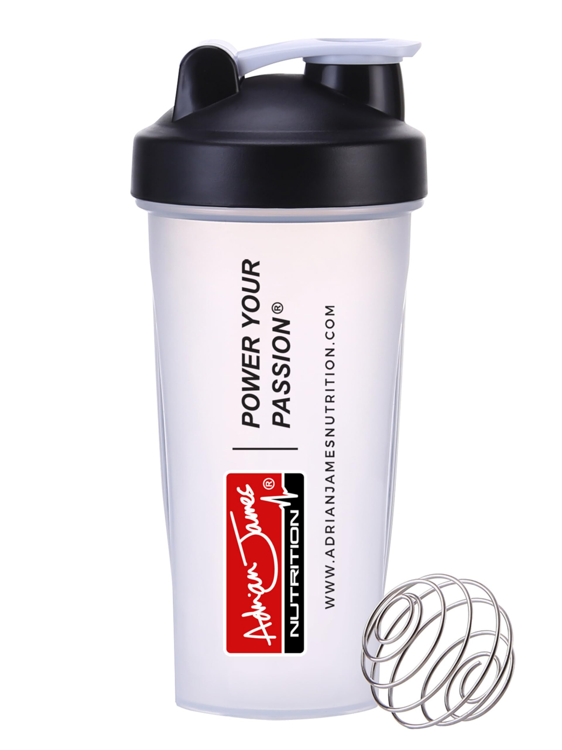 Adrian James Nutrition - Protein Shaker Bottle with Mixer Ball, Leak-Proof Screw-On Lid and Secure Drinking Flip Cap, 100% BPA Free, 600 ml