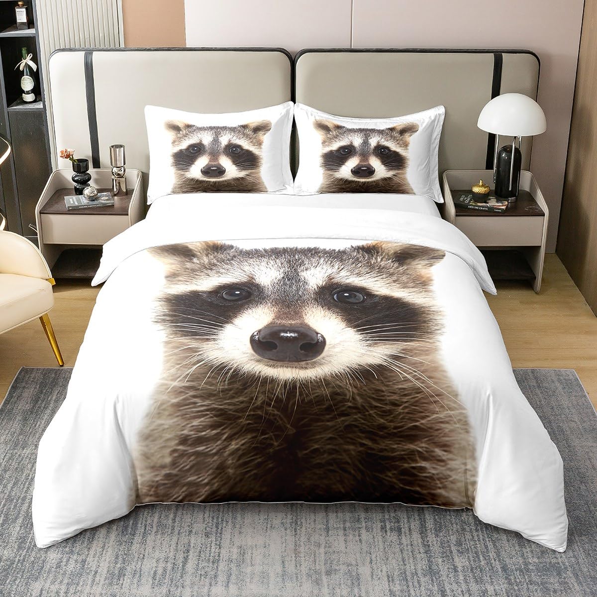 Raccoon Comforter Cover Set Cute Animal Pattern Bedding 100% Cotton Set Boys Girls 3D Raccoon Printed 100% Cotton Duvet Cover Single Size Luxury Soft Bedspread Cover Bedroom Collection 2Pcs
