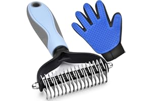 GOESWELL Double-Sided Undercoat Rake for Pet Grooming - Shedding and Dematting Comb with Grooming Glove (Blue 2 Pack)