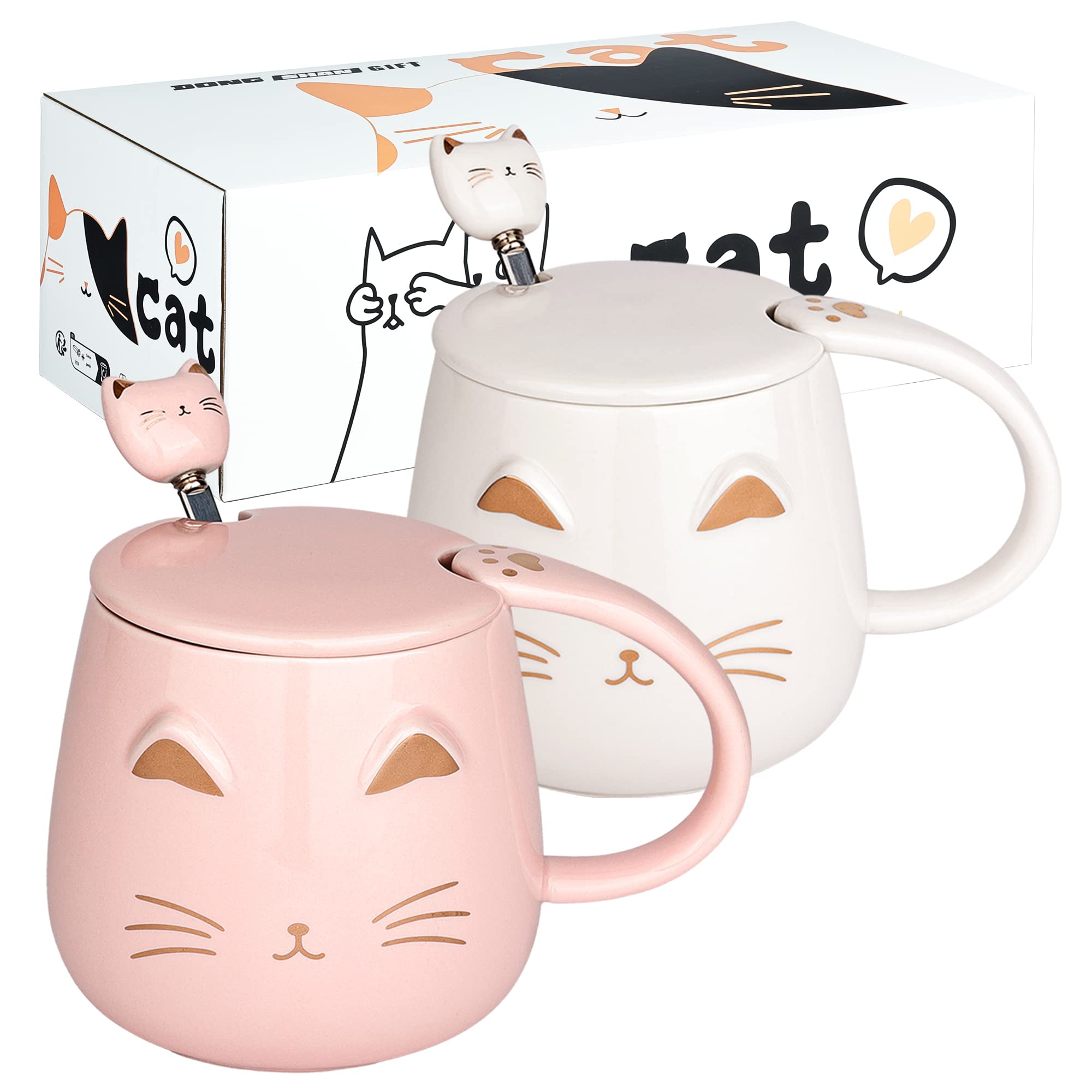 DONGSHANGIFT Cat Mugs Set of 2 Cute Cat Tea Cup Set Ceramic Coffee Mug with Lid and Spoon Cute Mugs for Women Girls Cat Lovers 14.25oz/405ml Christmas Birthday Cat Gift Mug (White and Pink)