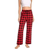 Cyathea Women's 100% Cotton Flannel Pajama Pants Adjustable Elastic Waist Side Pockets Red Green Plaid, Christmas Gift Idea