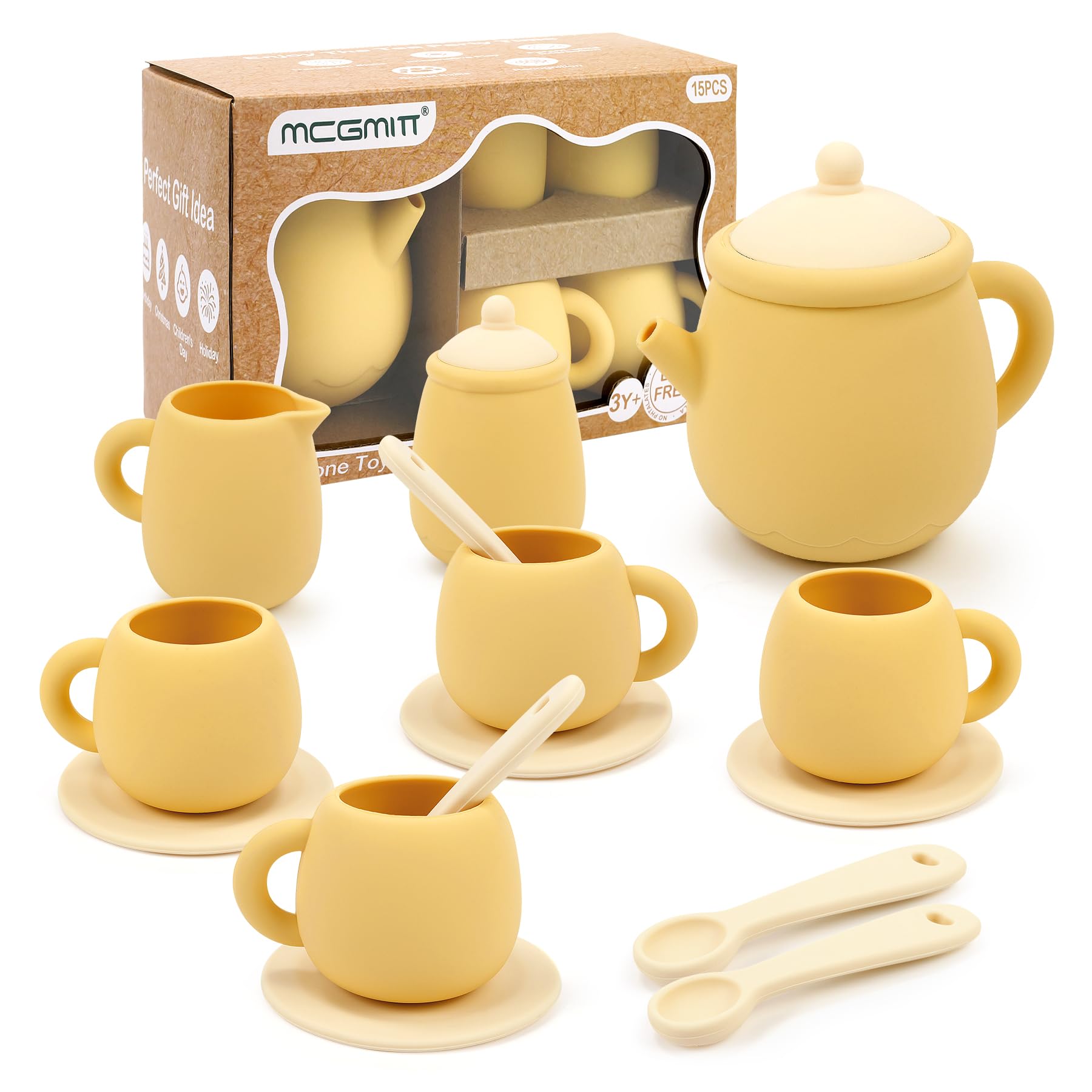 MCGMITT Toy Tea Set, Silicone Tea Party Set for Little Girls Boys, 15 Pcs BPA Free Dishwasher Safe Pretend Tea Set for Toddlers Kids Age 3-6, Non Breakable Cute Toy Kitchen Accessories for Children