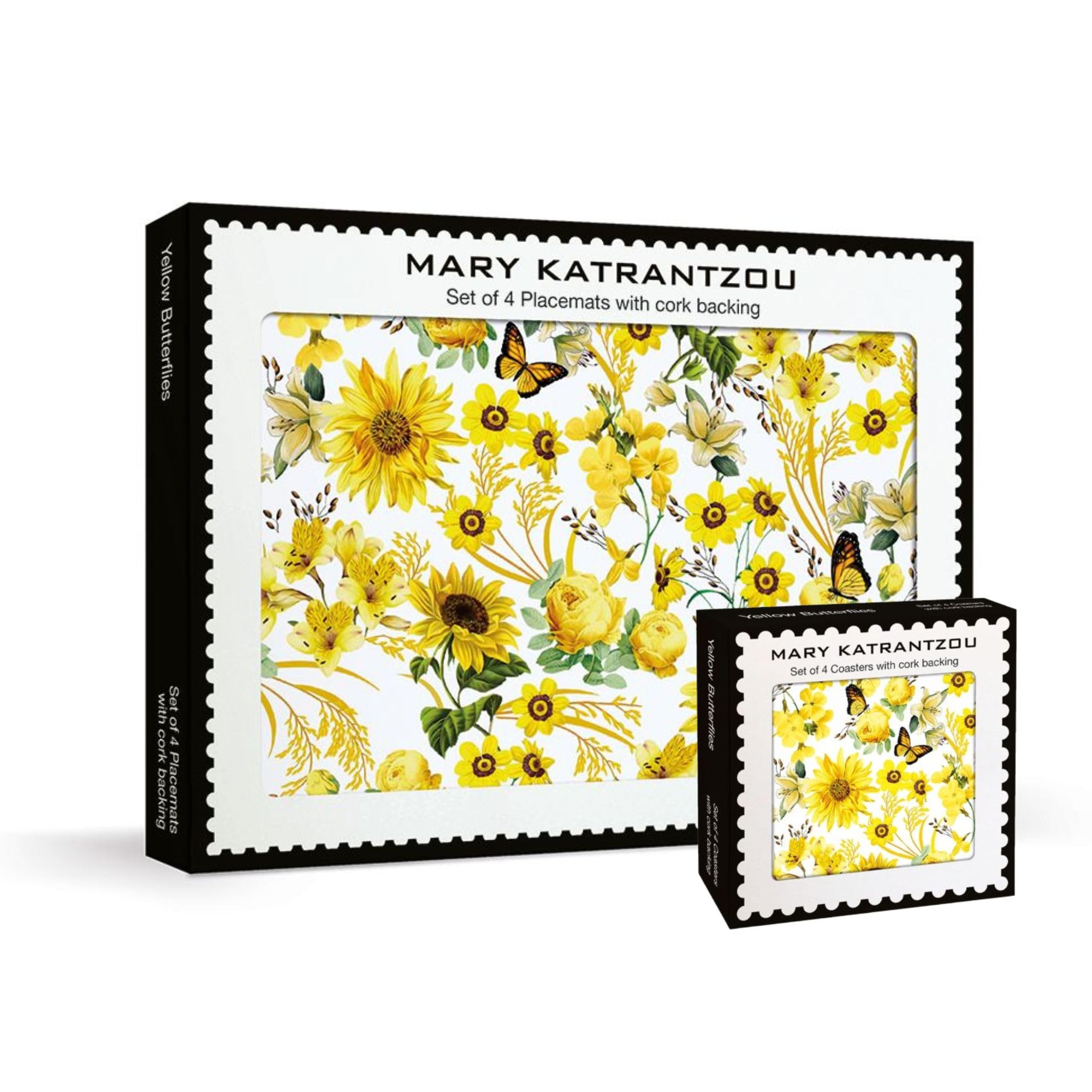 Museums & Galleries Cork Backed Placemats and Coasters Set of 4 - Yellow Butterflies and Flowers Mary Katrantzou Design - Statement Table Mats for the Home