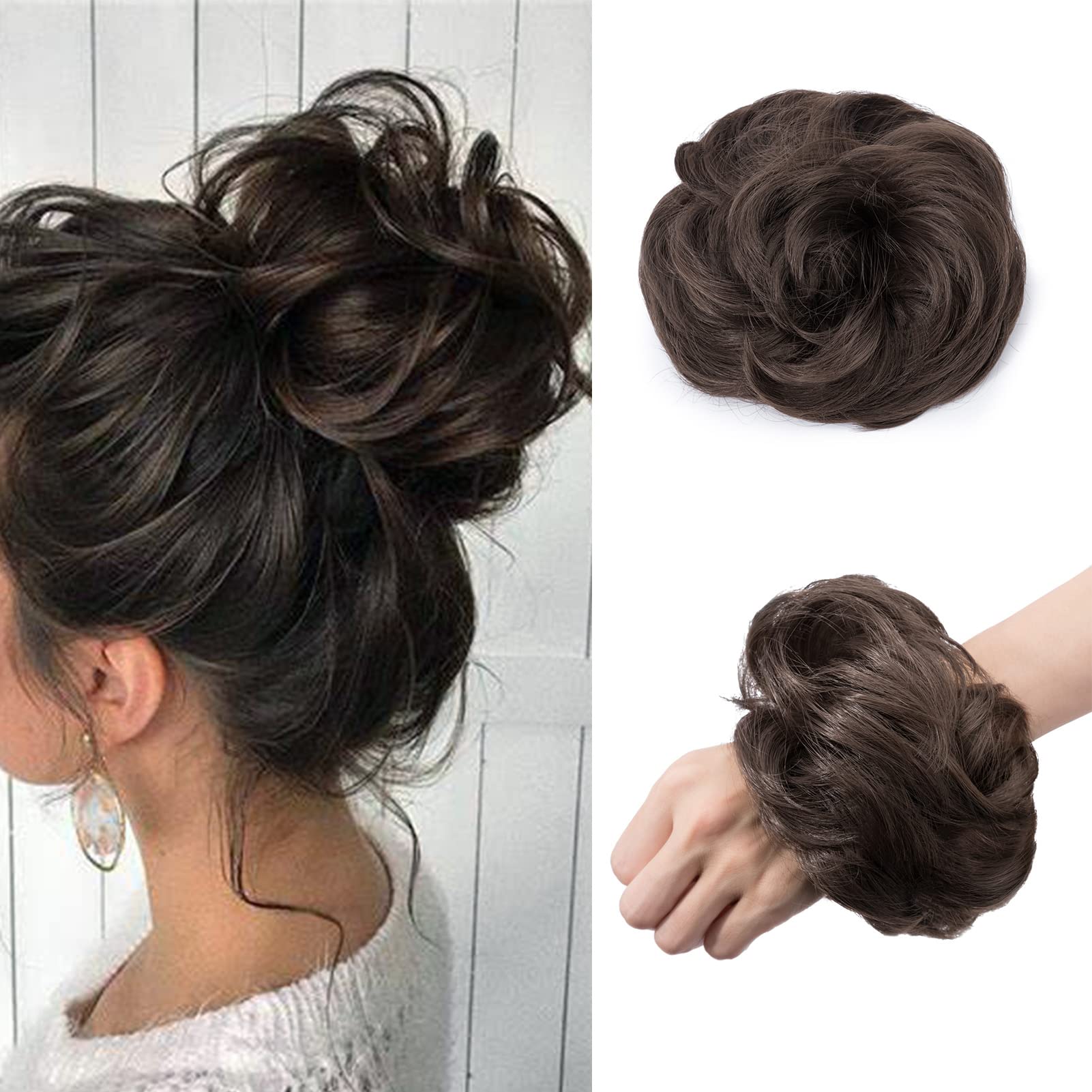 Cybelleza Messy Bun Hairpiece - Scrunchie, Updo, Ponytail & Curly Bun Donut Hair Chignon Accessories for Women (Ash Brown)