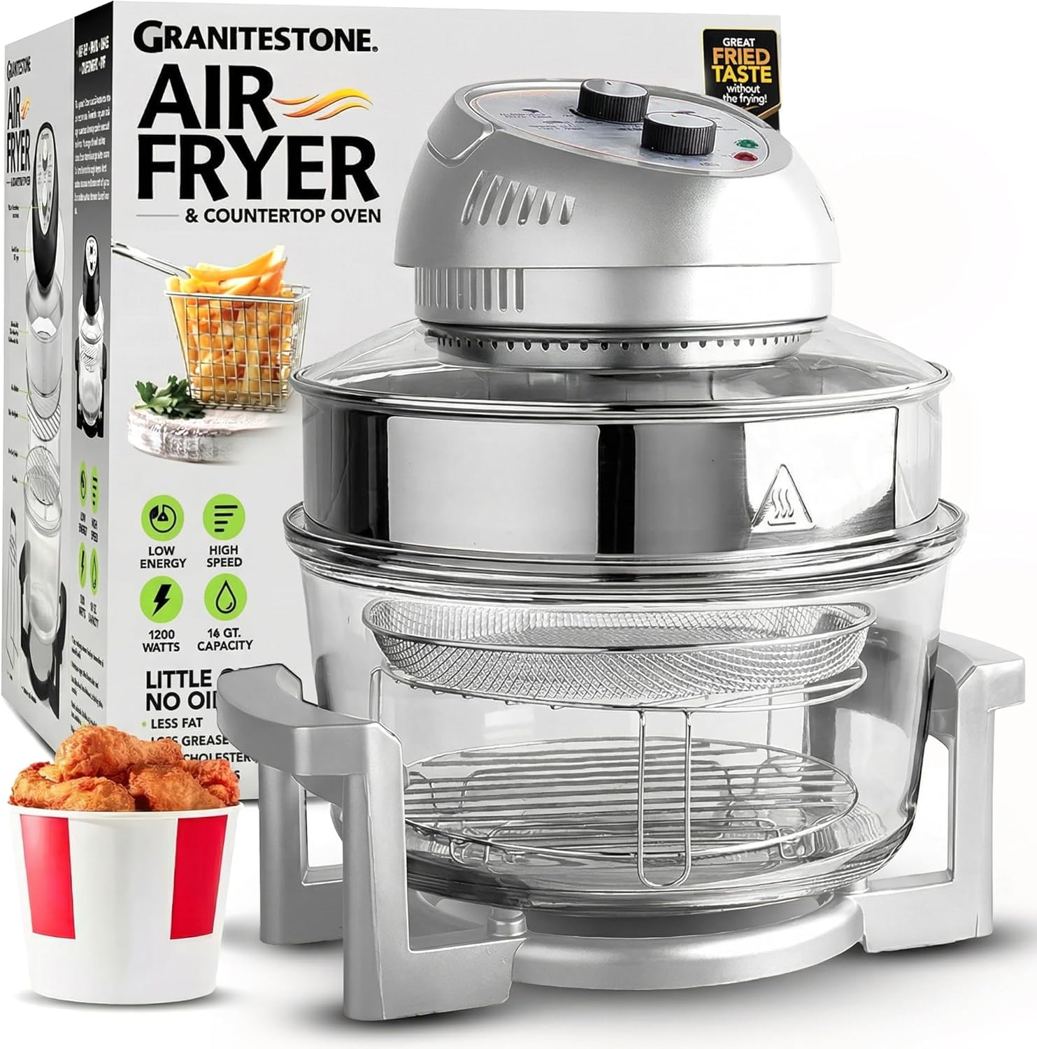 Big Boss 16Qt Large Glass Air Fryer Non Toxic – Family Sized Large Halogen Oven Cooker with 3 Cooking Sections, Stainless Steel Racks, French Fries, Chicken, No Preheat, Self Cleaning, Dishwasher Safe