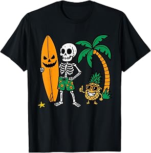 Skeleton Surfing Halloween Surfer Costume Hawaiian Boys Kids T-Shirt