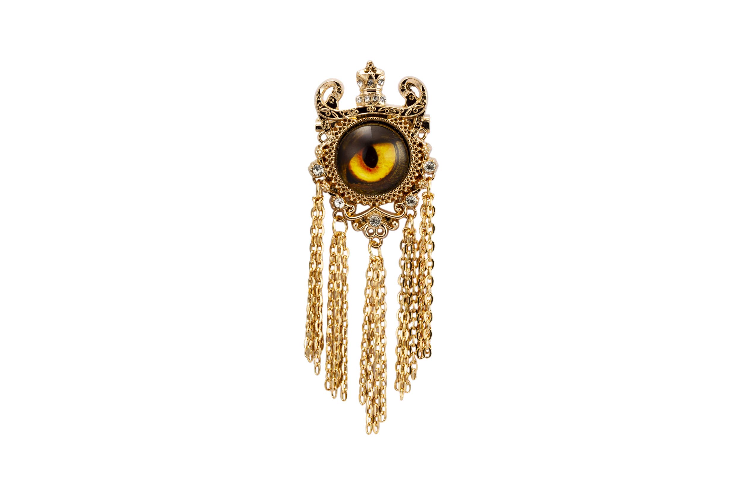 Brooch Lapel Pin for Men Gold Crowned Evil Eye with Hanging Chain Detailing Lapel Pin Badge Coat Suit Wedding Gift Party Shirt Collar Accessories
