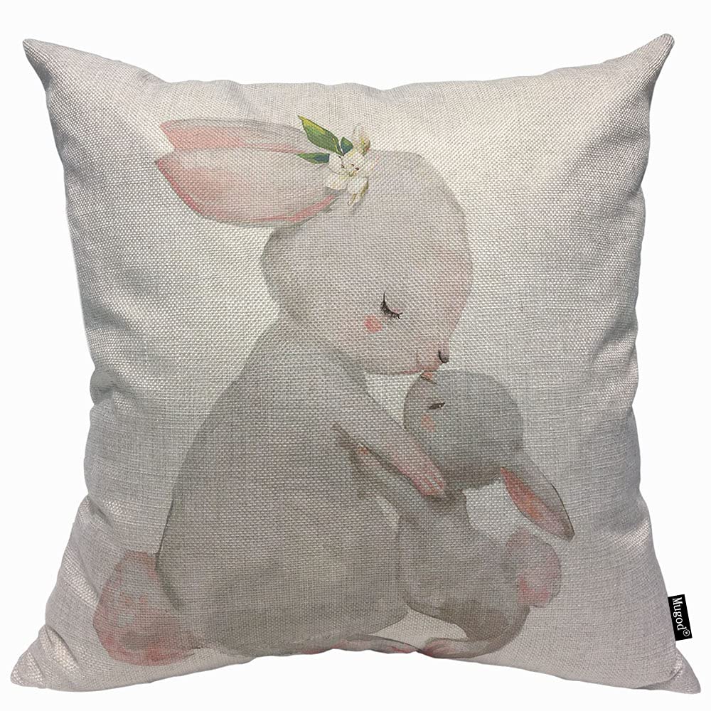 Mugod Rabbit Cushion Cover Throw Pillow Covers Cute Animal Hare Mom with Little Easter Bunny with Flower Leaves Pillow Case for Men Women Decorative Home Sofa Chair Couch 45x45cm/18x18 Inch