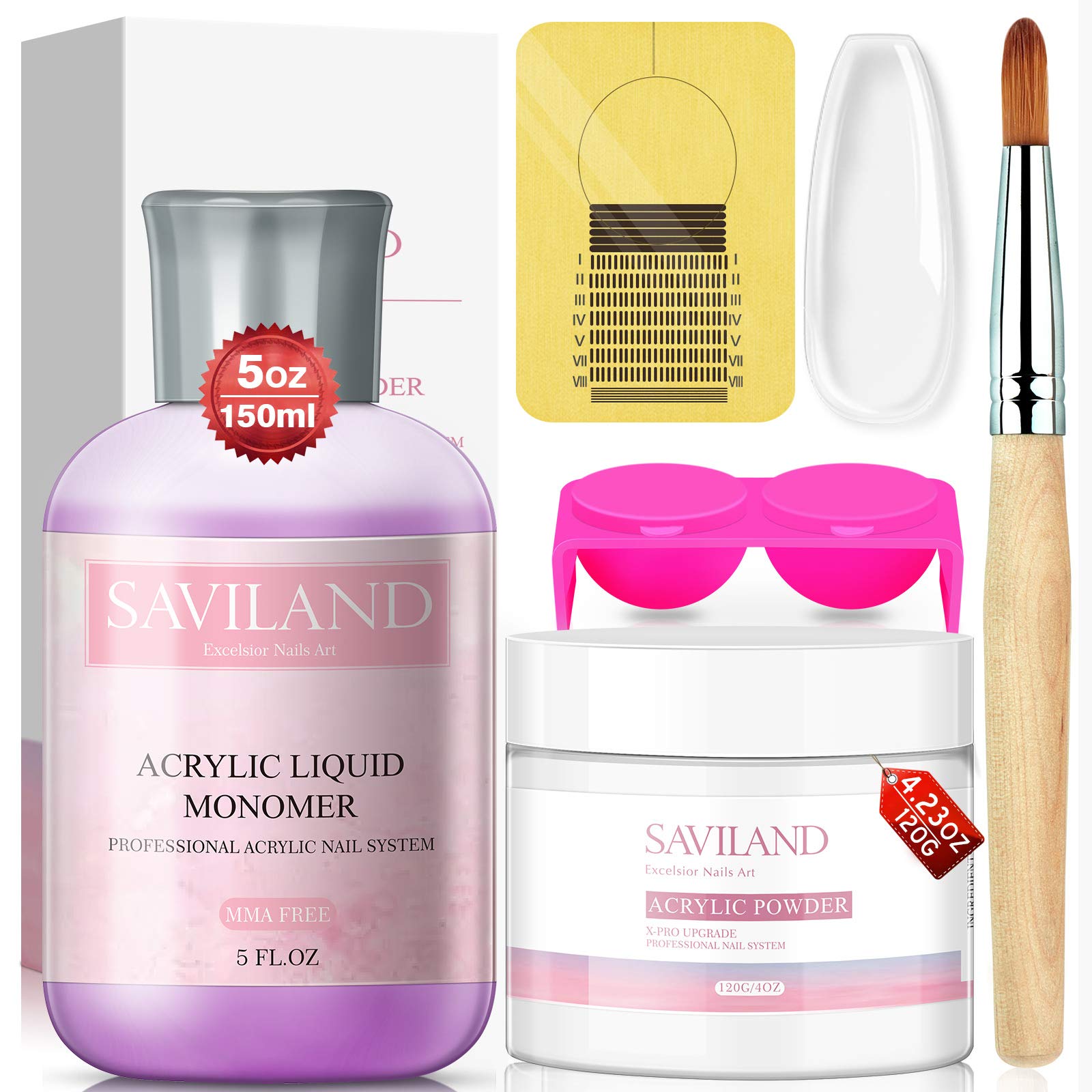 Saviland Acrylic Nail Set - Acrylic Nail Kit with 150ml Professional Acrylic Liquid Monomer & 120g Clear Acrylic Powder for Beginners