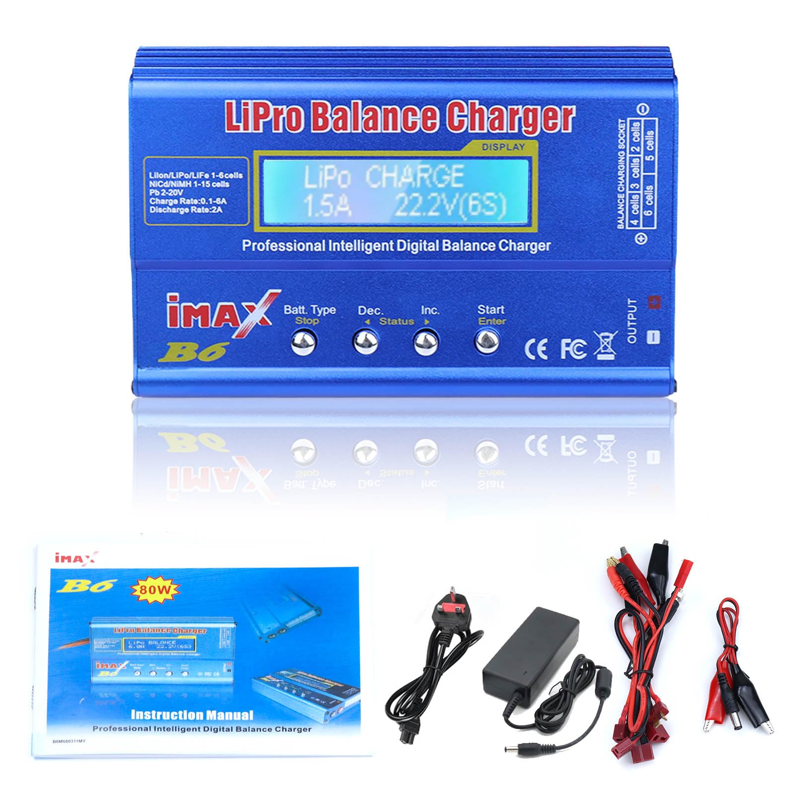 Woeau Lipo Battery Charger - Digital LCD Lipo Balance Charger with Adapter, Blue Lipo Balance Charger for Li-ion, Li-Fe, LiHV Battery (1-6S), NiCd (1-15S), NiMH (80W)