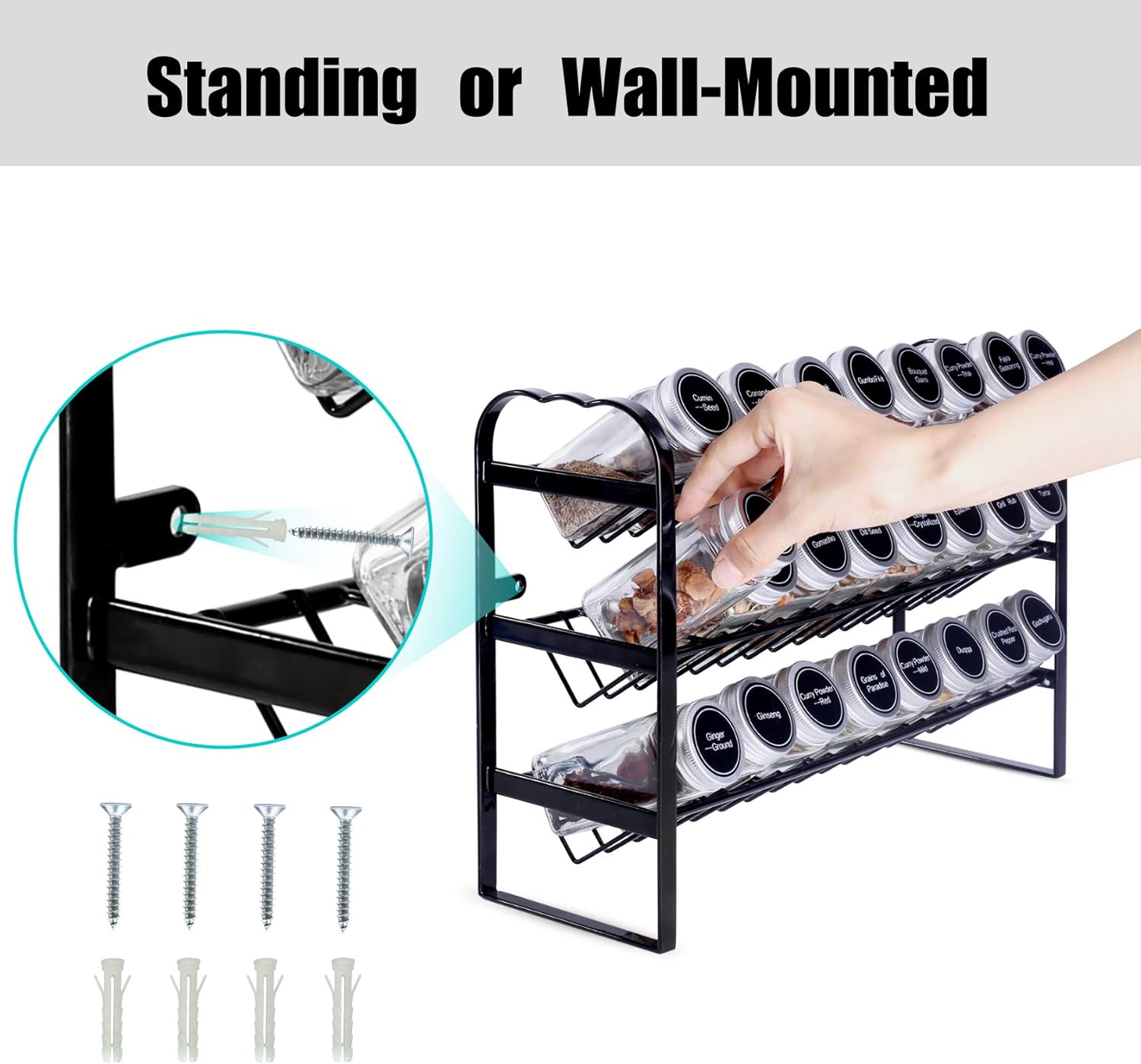 Spice Rack with 24 Empty Spice Jars, Standing or Wall Mounted Spice Rack Organizer for Countertop Cabinet Kitchen Pantry, Seasoning Holder Organizer with 420 Spice Labels Marker and Funnel: Home Improvement