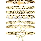 PCY Gold Bracelets for Women Waterproof,7PC Gold Plated Beaded Strand Bead Ball Bracelet Dainty Stackable Jewelry For Women.