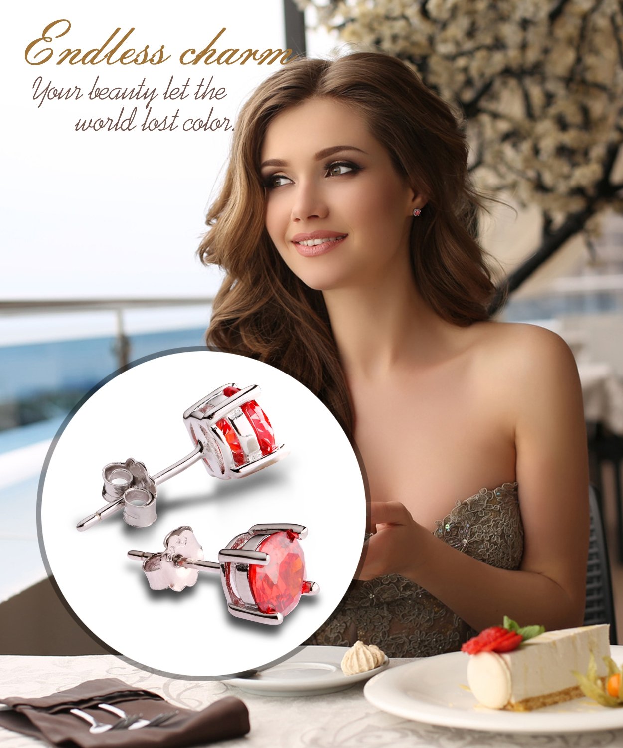 Stud Earrings, UHIBROS Hypoallergenic Silver Ear Stubs Birthstone Round Cubic Zirconia Diamond Earrings (July-Ruby-1)