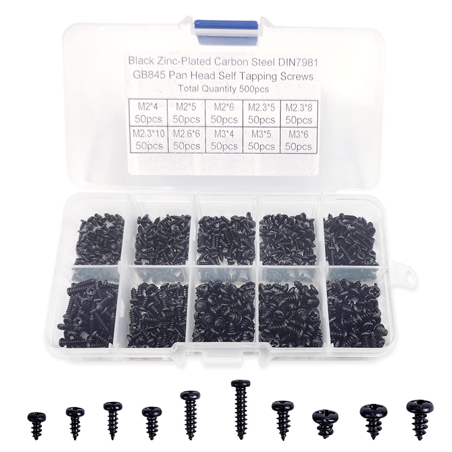 XPOOP 500 Pcs Self Tapping Screws Kit, Carbon Steel, Black Oxide Finish, M2 x 4 - M3 x 6, Round Head, Fully Threaded, for Construction, Installation, and Assembly