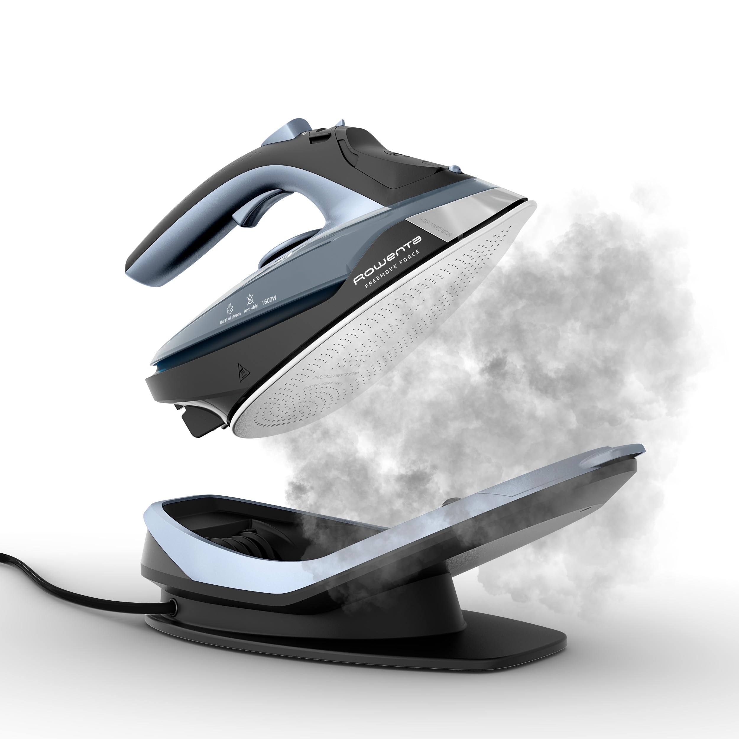 Photo 1 of Rowenta Freemove Cordless Iron with Steam, 1600 Watts, Stainless Steel Soleplate, Rapid Heating, Portable Steamer for Clothes, Rechargeable for Wireless Ironing, Handheld Steamer Iron, Blue, DE6730