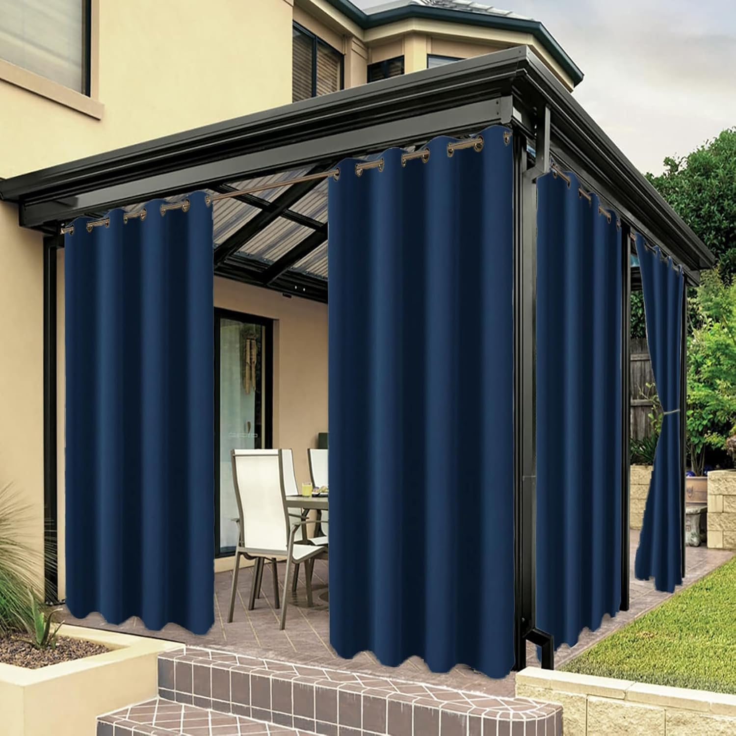 Outdoor Curtains - ZJXSNEH Outdoor Curtains for Patio Waterproof Voile Curtain for Gazebo Front Porch Pergola Grommet Top Window Drapes Garden Decor Dark Blue[1PC | 60