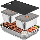 4 Pcs Grill Prep Trays Set, Including Stainless Steel Grilling Prep and Serve Trays, Cutting Board, Marinade Container with Lids for BBQ, Kitchen, Camping