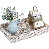 Hipiwe Hand Woven Tray with Handle Whitewash Rattan Serving Tray for Storage Rectangular Wicker Basket Tray for Key Remote Fruit Dessert Plate, 11.8 x 7.9 x2 Inch