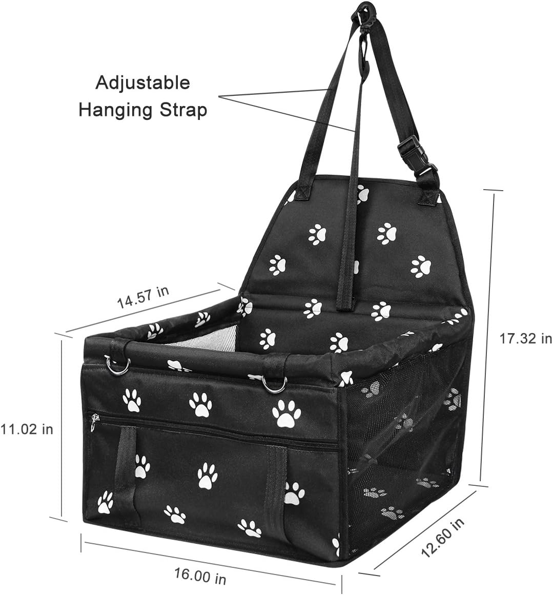 HIPPIH Collapsible Pet Booster Car Seat - 2 Support Bars, Portable Small Dog Cat Car Carrier with Safety Leash and Zipper Storage Pocket (Black with paw Prints) : Pet Supplies
