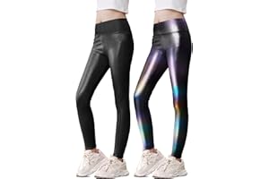 Kirinkylin Girls Metallic Leggings High Waisted Sparkly Yoga Pants Shiny Running Dance Tights for Kids Youth Teen, 2 Pack