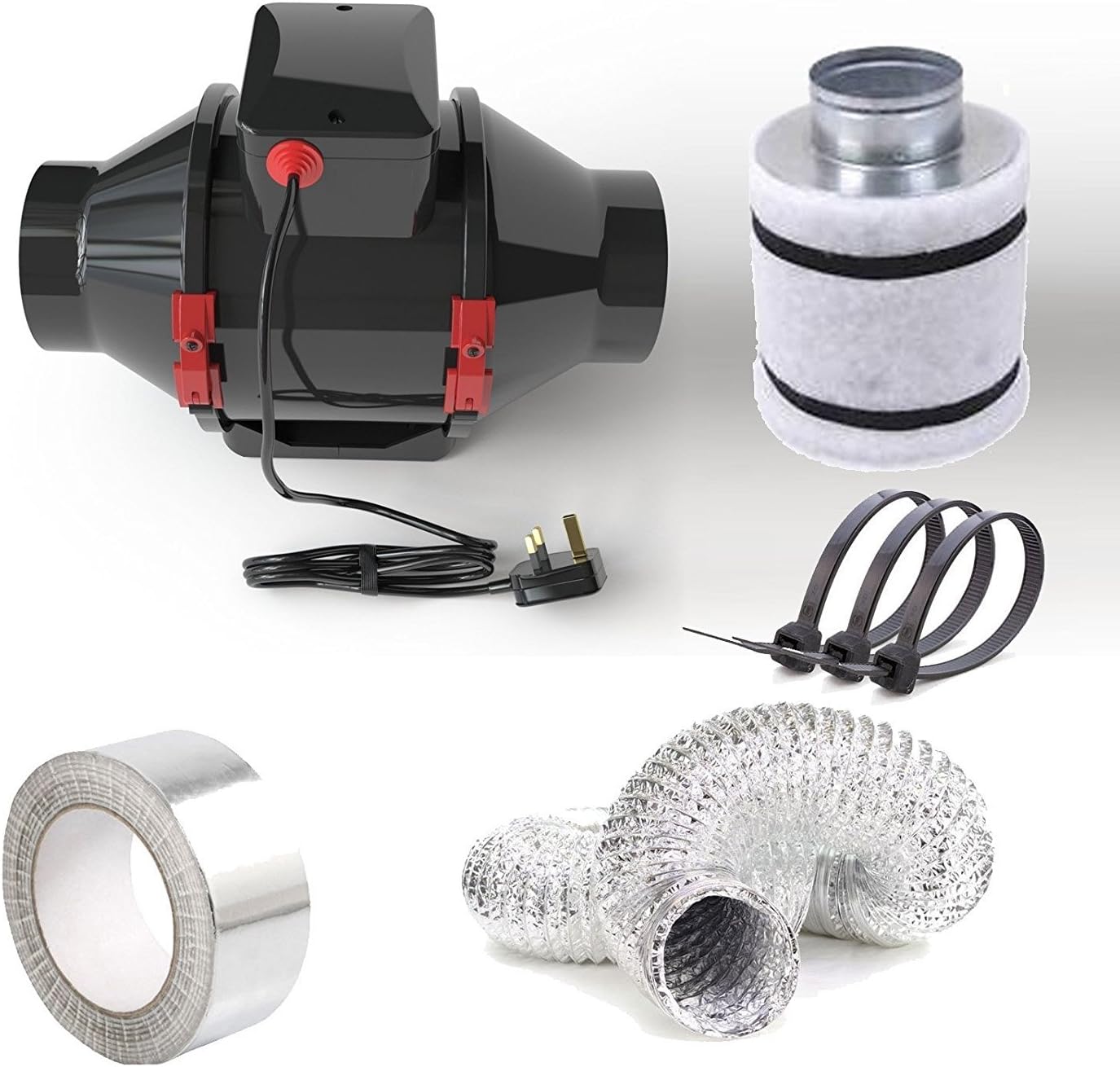 FANTRONIX 5" In Line Fan, Carbon Filter & Duct Kit - Hydroponic Grow Room Tent Ventilation 125 mm