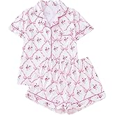 Verdusa Women's 2 Piece Floral Bow Pajama Set Short Sleeve Button Down Shirt and Shorts Set