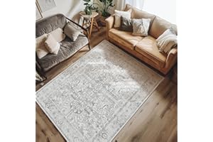jinchan Washable Area Rug 4x6 - Low Pile Bedroom Rug Stain Resistant Vintage Rug Boho Area Rug - Ultra-Thin Non Slip Accent Rug Floral Print Indoor Mat for Living Room Kitchen Grey