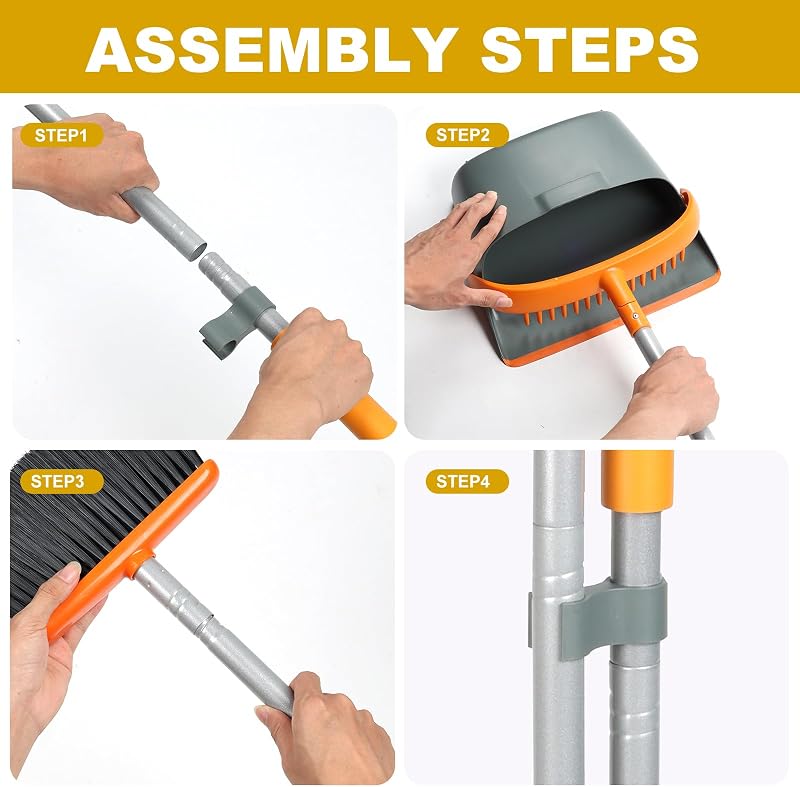 Set mit Besen und Kehrschaufel, ideal für eine effektive Reinigung zu Hause, 137 cm langer Griff (orange und grau)