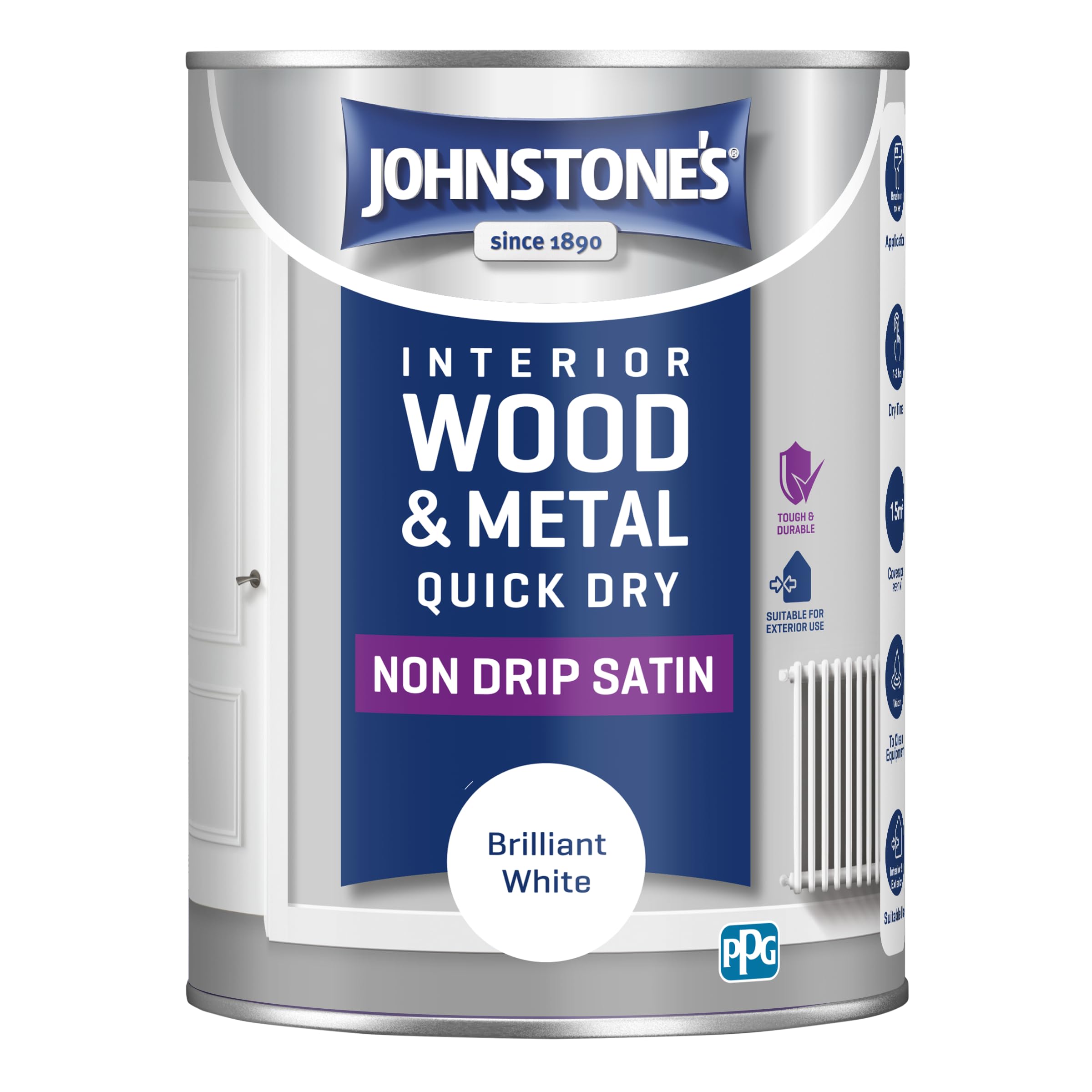 Johnstone's - Wood & Metal Paint - Satin Finish - Brilliant White - 1.25L - Water Based - Non Drip & Quick Drying - Radiator Paint - Low Odour - Dry in 1-2 Hours - 8m2 Coverage per Litre