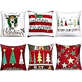 Boao 6 Pcs 18 x 18 Inch Christmas Pillow Cover Merry Christmas Red Throw Cushion Covers Xmas Tree Reindeer Star Pillow Case for Holiday Party Home Living Room Couch Outdoor Front Porch Decoration