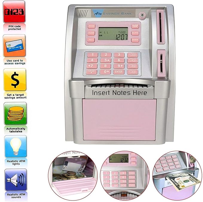 atm savings bank pink mini atm piggy bank for real money personal atm cash coin money savings machine for kids adults with card boys girls gift