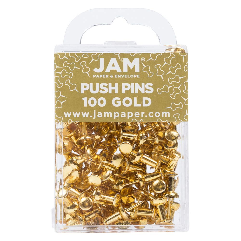 JAM PAPER Colourful Push Pins - Gold Pushpins - 100/Pack