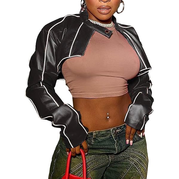 asaavi Women 100% Genuine Lambskin Leather Crop Moto Bolero