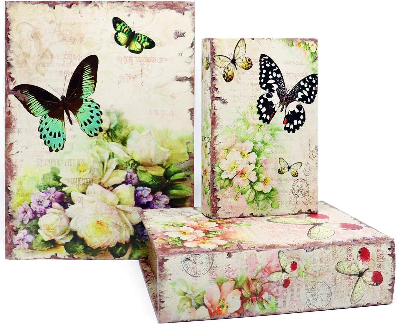 Jolitac 3 Pack Decorative Book Boxes, Wooden Antique Book with Magnetic Cover, Decor Vintage Storage Box (Butterfly)