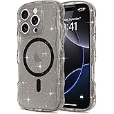 Pepmune Magnetic for iPhone 16 Pro Max Case Clear, Sparkly Bling Glitter Cute Curly Wave Cover for Women Men Compatible with MagSafe TPU Shockproof Protective Phone Case for iPhone 16 Pro Max, Black