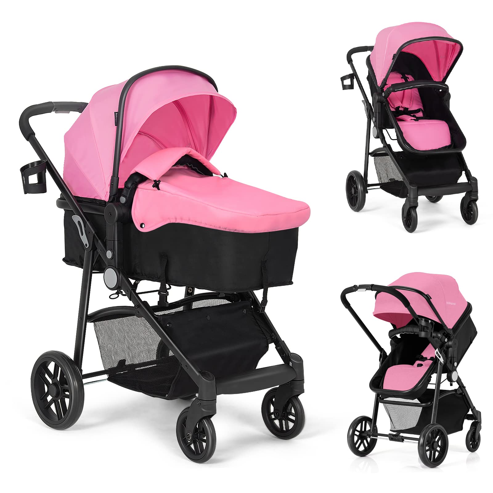BABY JOY Baby Stroller, 2 in 1 Convertible Carriage Bassinet to Stroller, Pushchair with Foot Cover, Cup Holder, Large Storage Space, Wheels Suspension, 5-Point Harness (Pink) Image