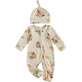Userdefined Baby Girl Thanksgiving Outfit Ruffle Romper Turkey Rolls Print Onesie Footie Jumpsuit Fall Winter Clothes (Khaki HAT, 6-12 Months)