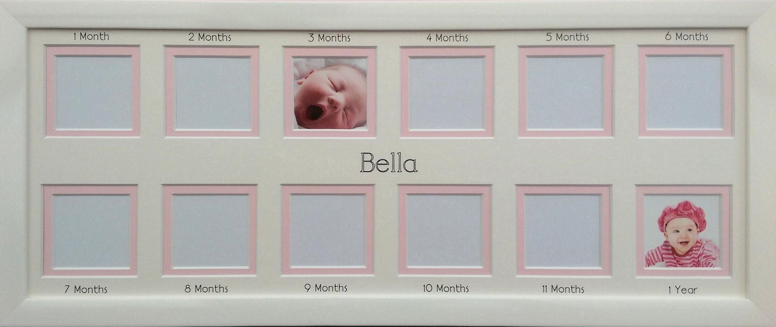 Personalised Baby First Year Collage Photo Frame, White 20 x 8 (Pink inner border)