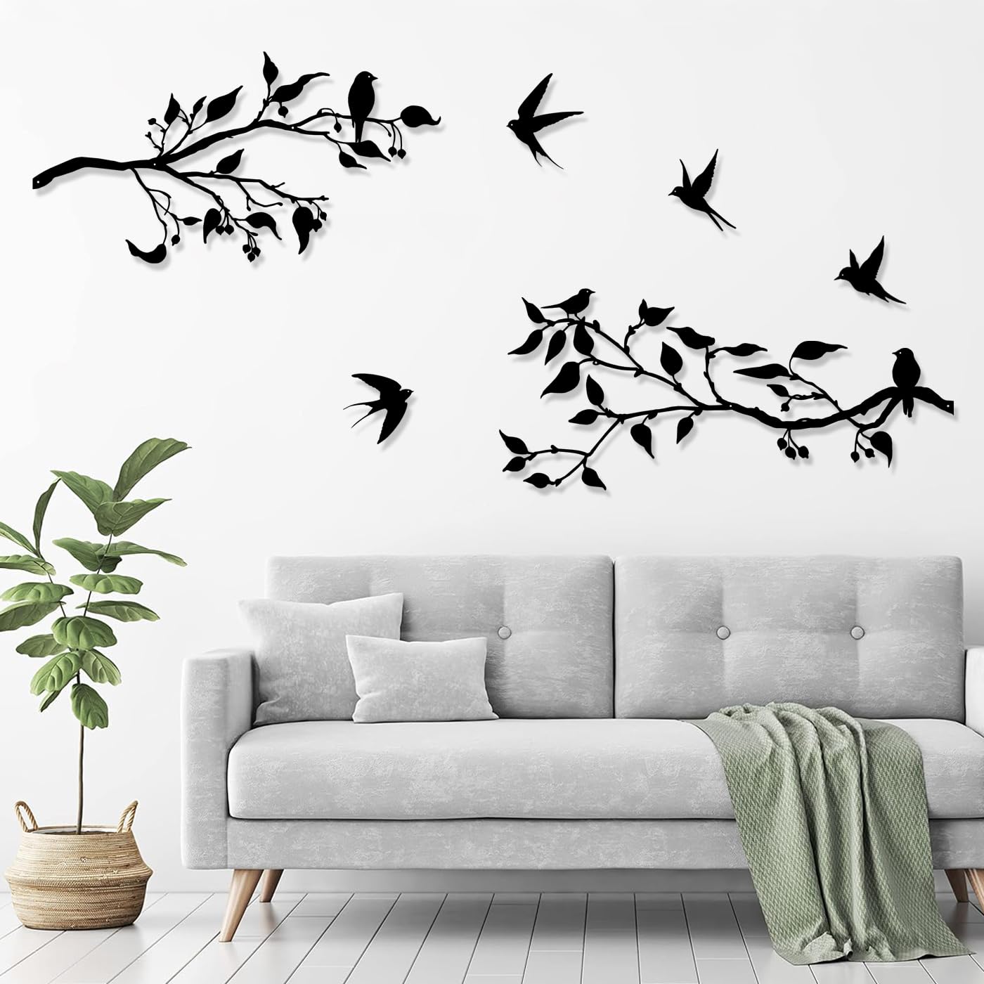 Pduoduo 4PCS Large Metal Birds Wall Art Decor,Metal Vivid Birds on Branch Silhouette Wall Decor,Black Leaves with Bird Silhouette Sculpture for Balcony Garden Decor