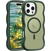 Pepmune for iPhone 16 Pro Case, Curly Wavy Frame Hard Translucent Matte Clear Back Cover for Women Men Compatible with Magsafe TPU Bumper Shockproof Drop Protection Phone Case for iPhone 16 Pro, Green