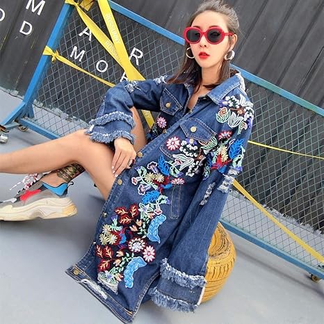 RLWQLFS Jeansjacke Blumenstickerei Denim Jacke Mantel Frühling Herbst Lange Zerrissene Tassel Jean Jacke Frauen Perlen Jeans 