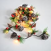 HamiFinee Christmas Garland Lights 6.56FT Holiday Prelit Garlands Pine Cone Garland with Red Berry Upgraded Battery Operated Garland with LED Lights Xmas Decor Lights for Outdoor Indoor Christmas