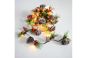 HamiFinee Christmas Garland Lights 6.56FT Holiday Prelit Garland Pine Cone Garland Light with Red Berry Upgraded Battery Operated Garland with LED Lights Xmas Decor Lights for Outdoor Indoor Christmas
