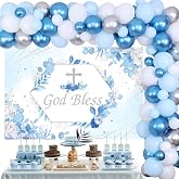 Cheereveal Baptism Decorations for Boys Blue - God Bless Party Decorations Blue &amp; Silver Balloon Garland Kit with Backdrop Cross Foil Balloon for First Communion Confirmation Party Supplies