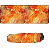 Famame Laptop Mouse Pad Orange Marble Gold Liquid Desk Mat with Stitched Edges 31.5X 11.8 inch Non-Slip Large Keyboard Rubber Writing Table Mat for Office Home